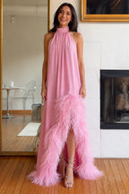 Pink Halter Feather Slit Maxi Gown