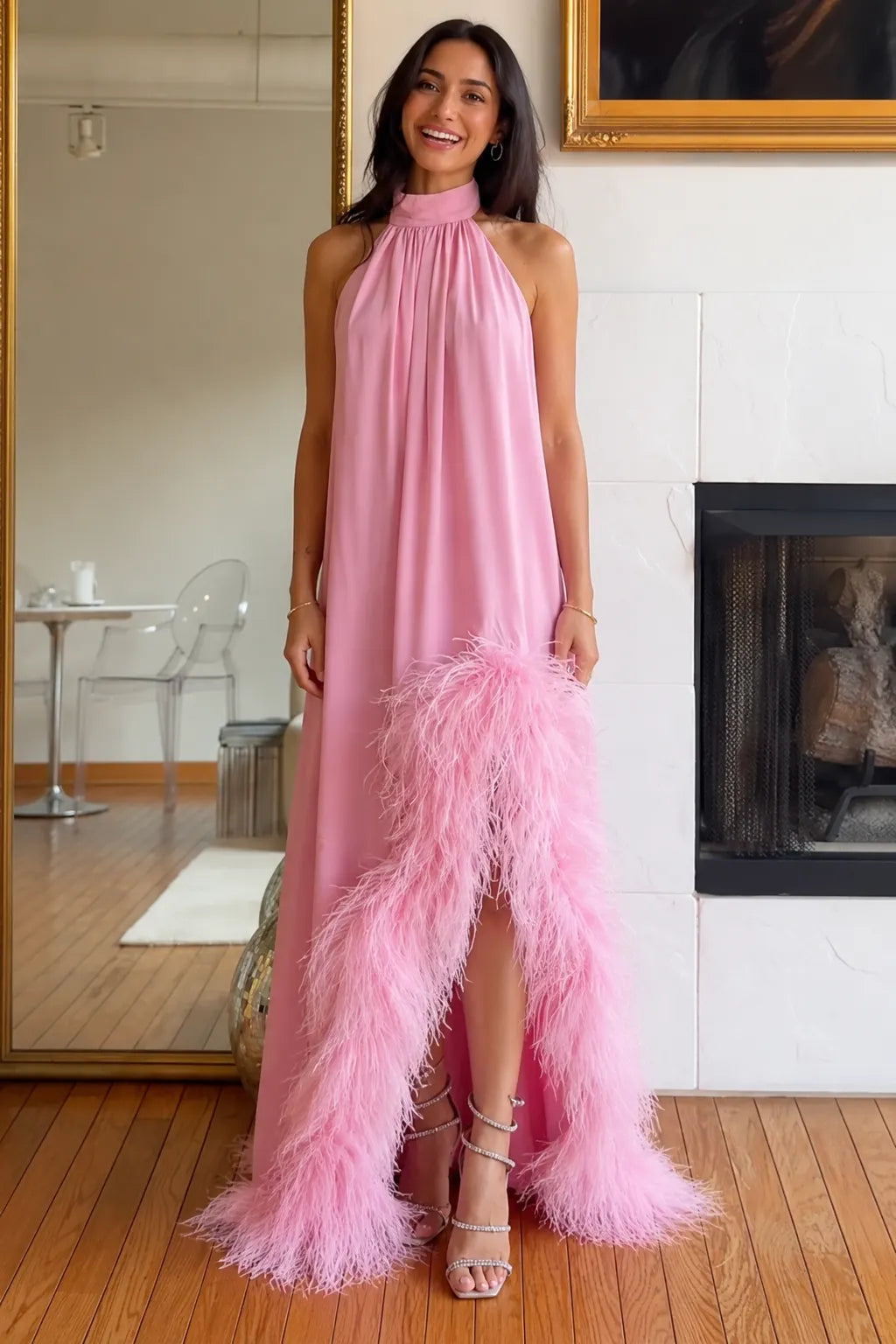 Pink Halter Feather Slit Maxi Gown