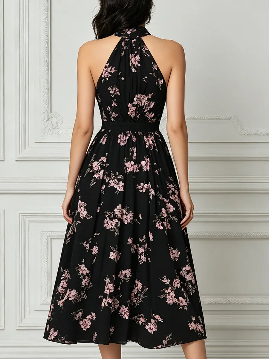 Black Pink Floral Halter Neck Keyhole Midi Dress