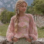 Elegant Bohemian-style Pink Rose Embroidered Comfortable Casual Linen Waist-cinching Top