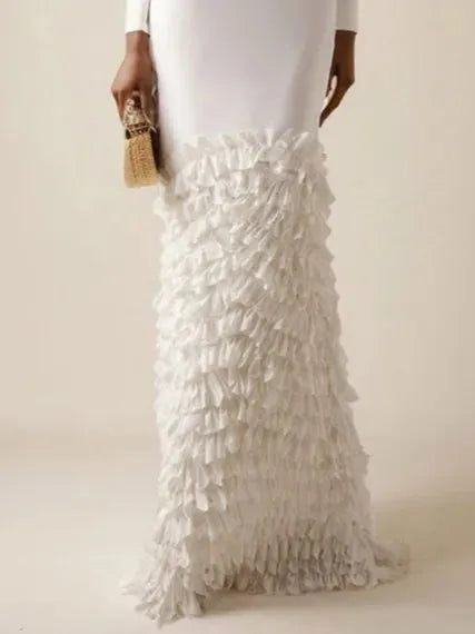 Off White Off The Shoulder Ruched  Mermaid Gown