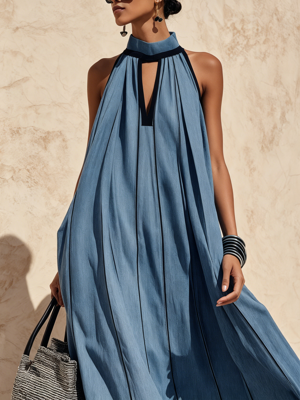 Chic Halter Neck Denim Maxi Dress with Contrast Trim