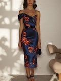 Dark Blue Satin Dress with Floral Print and Waist Belt