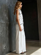 Casual Retro Lace-trimmed White Cotton And Linen Sleeveless Wide-leg Jumpsuit