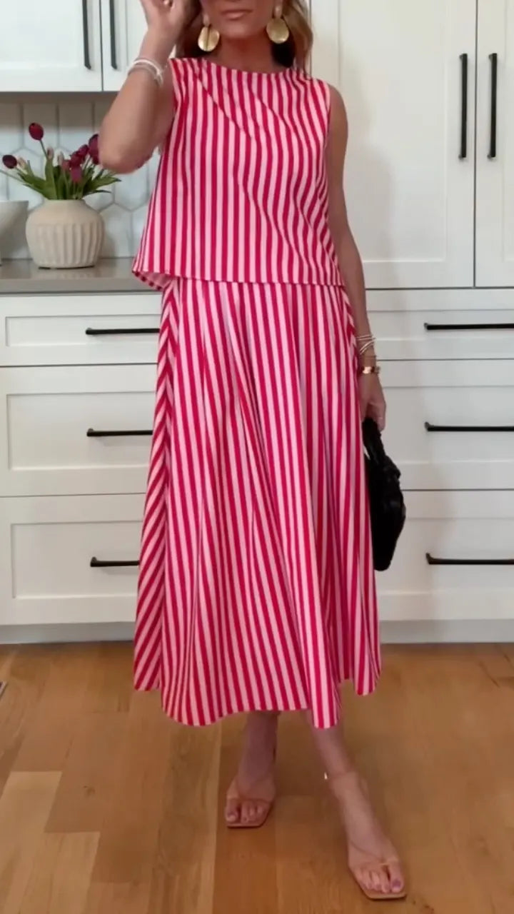 Stripe Sleeveless Two Piece Midi Skirt Set