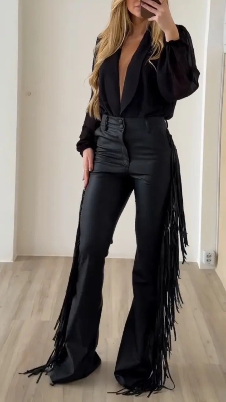 Black Fringe Faux Leather Flare Pants