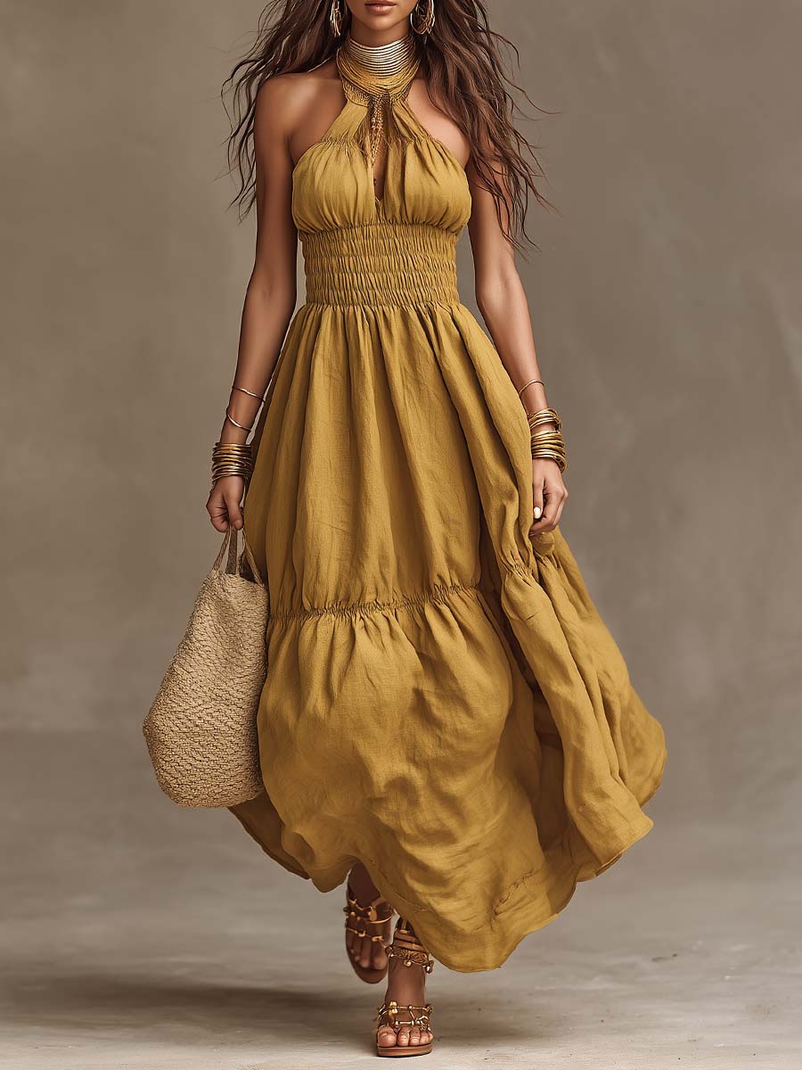 Bohemian Cotton-Linen Halter Smocked Tiered Maxi Dress