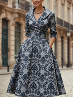Midi Linen Dress, Half Sleeve, Shawl Collar, Paisley, Pocket Design, Vintage, Blue