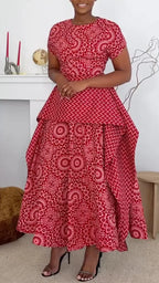 Red Ethnic Pattern Short Sleeve Layered Midi Dresss