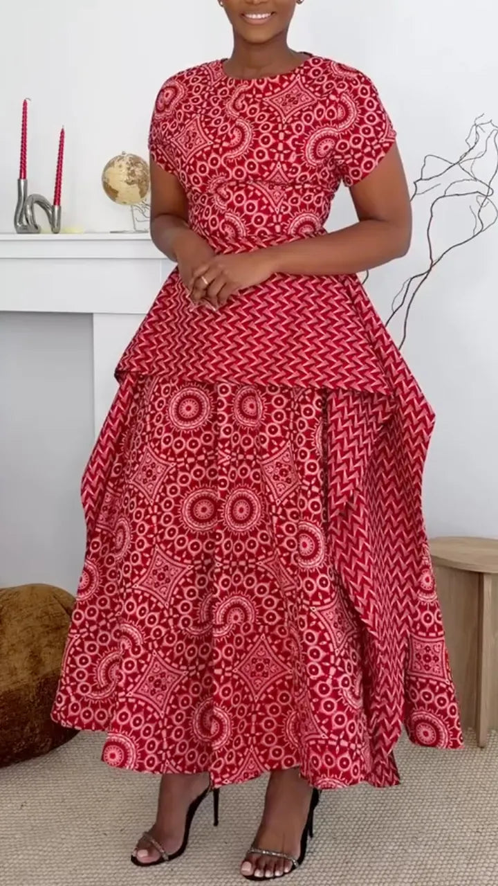 Red Ethnic Pattern Short Sleeve Layered Midi Dresss
