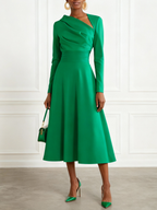 Red Classic Asymmetrical Long Sleeve A-Line Midi Dress