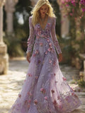 Vintage Purple Roses Glitter Embroidered Flowy Maxi Dress