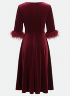 Wine Red Feather-trimmed Velvet Crew Neck Half Sleeve A-Line Midi Dress