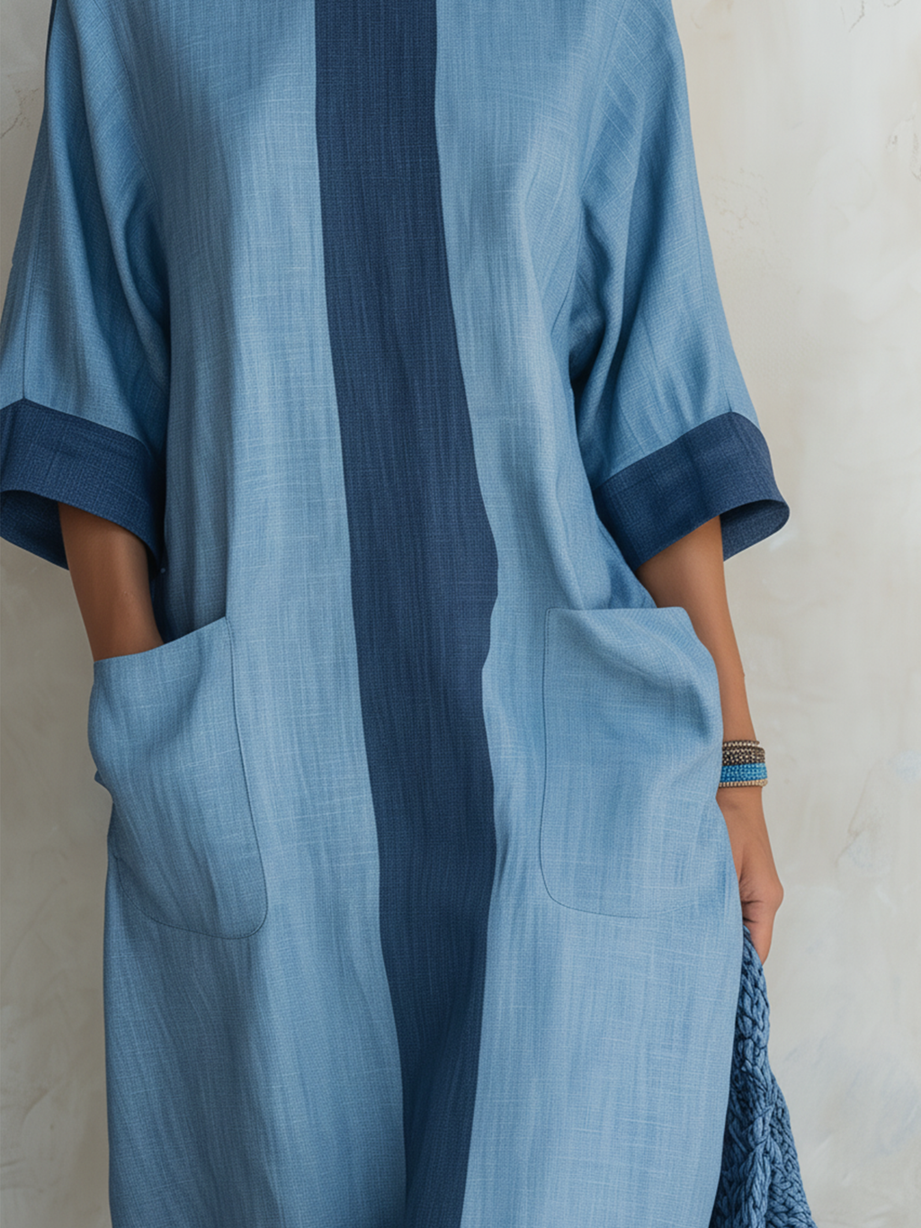 Light Blue Tencel Denim Colorblock Oversized Maxi Dress