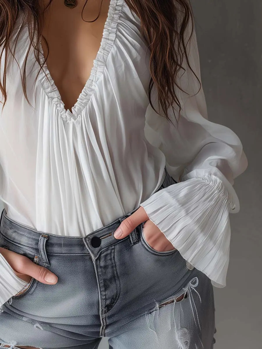 Vintage-style Pleated Ruffle Cuff Chiffon Blouse