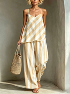 Beige & White Stripe Cami Top & Wide-Leg Pants Two-Piece Set