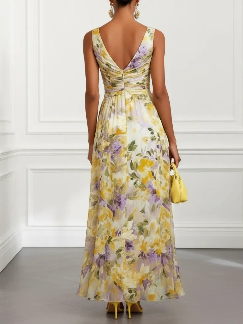Yellow Floral Ruched Chiffon Boat Neck Sleeveless A-Line Maxi Dress
