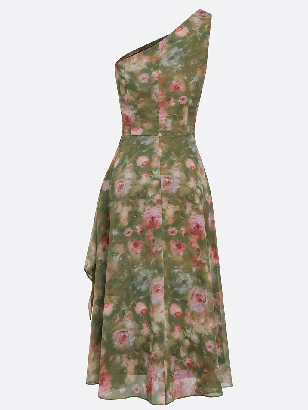 Green Floral Ruched Chiffon One Shoulder Sleeveless A-Line Midi Dress