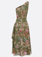 Green Floral Ruched Chiffon One Shoulder Sleeveless A-Line Midi Dress