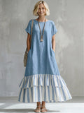 Cozy Striped Patchwork Ruffled Loose Cotton-linen Maxi Dress