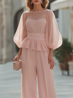 Sheer Sleeve Peplum Top And Wide-Leg Pants Set