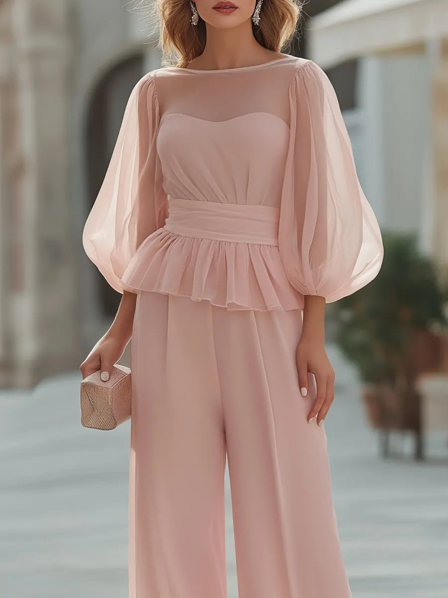 Sheer Sleeve Peplum Top And Wide-Leg Pants Set