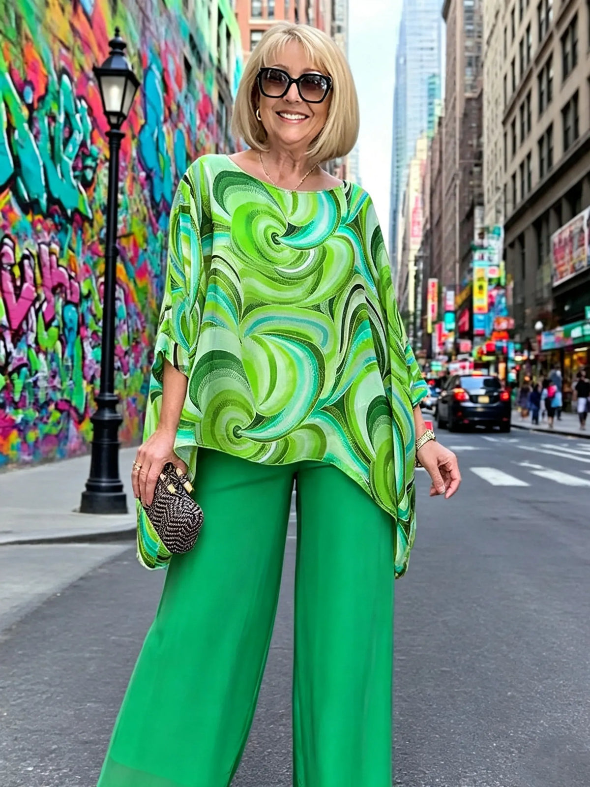 Vibrant Swirl Print Chiffon 2‐Piece Outfit, Loose Boat Neck Tunic Top & Bright Wide‐Leg Pants Set for Women