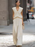 Relaxed V-Neck Knit Vest & Wide-Leg Trousers Set