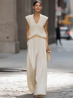 Relaxed V-Neck Knit Vest & Wide-Leg Trousers Set