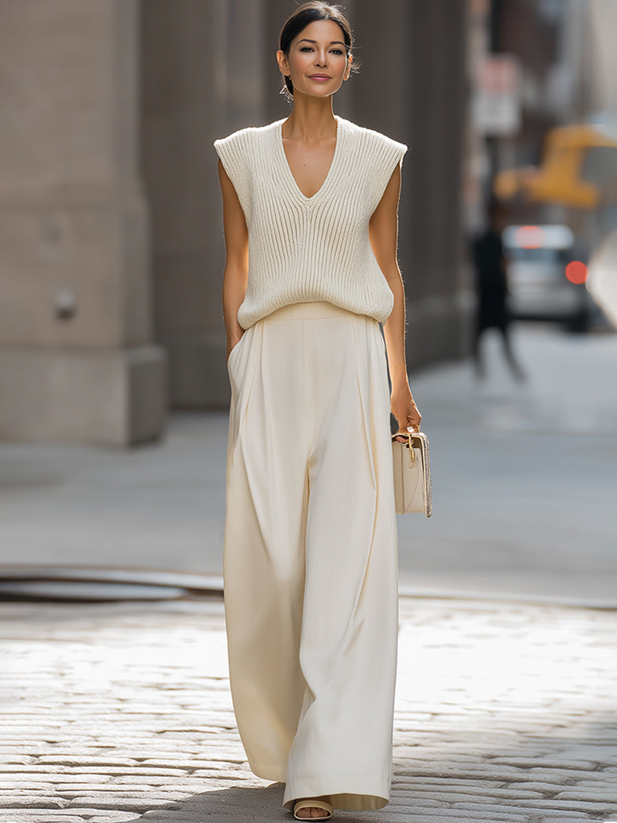 Relaxed V-Neck Knit Vest & Wide-Leg Trousers Set
