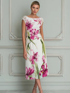Elegant Floral Lace Sleeve Midi Dress