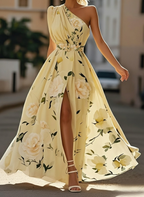 Lightgreen Ruched Slit Chiffon One Shoulder Sleeveless A-Line Floor-length Gown Dress