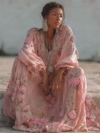 Boho Pink Flowers Glitter Lace Linen Maxi Dress