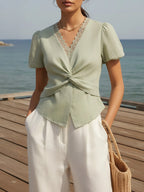 Cotton Shirt, Short Sleeves, V Neck, Plain, Lace, Vacation, Vintage, Green