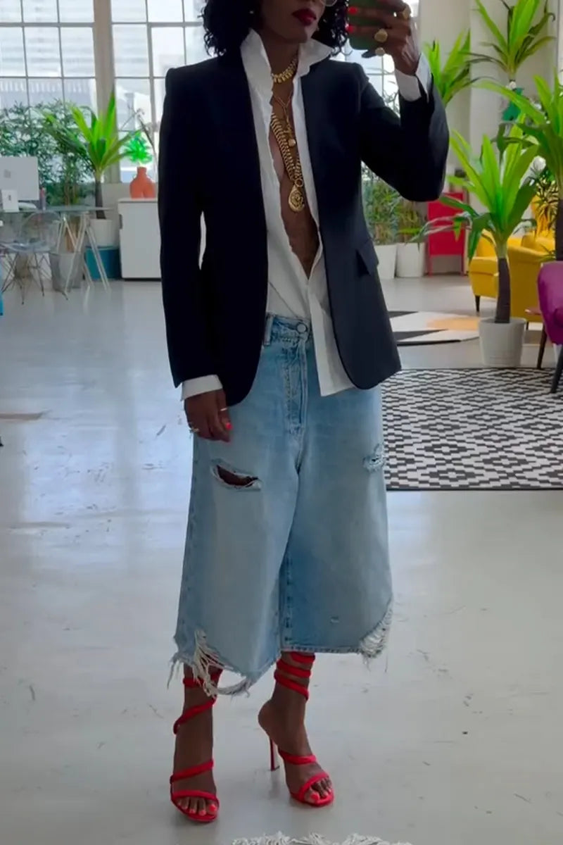 Women's Temperament Blazer or Ripped Washed Jeans