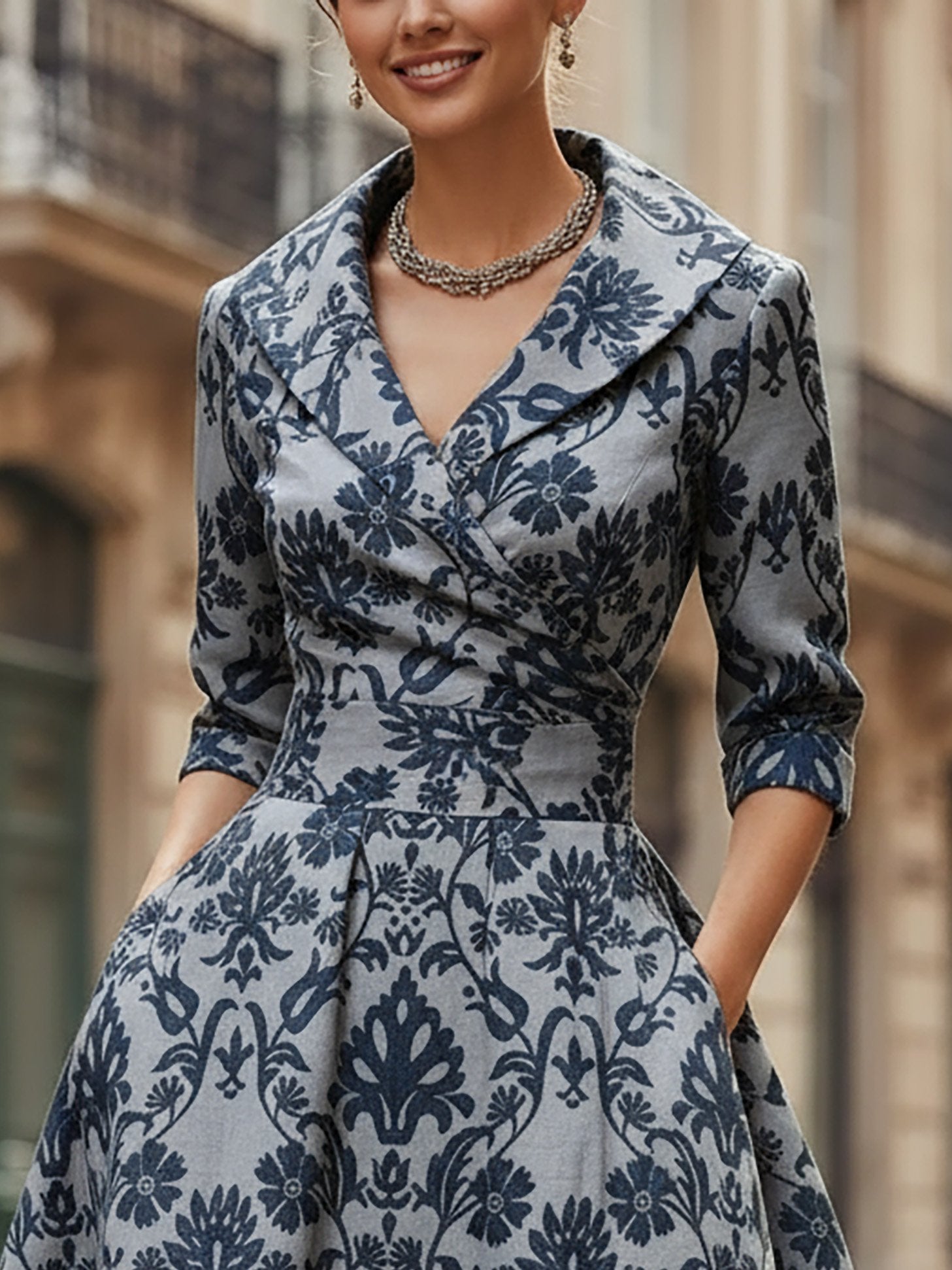 Midi Linen Dress, Half Sleeve, Shawl Collar, Paisley, Pocket Design, Vintage, Blue
