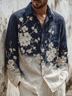 Men's Japanese-style White Almond Blossom Gradient Art Casual Linen Shirt