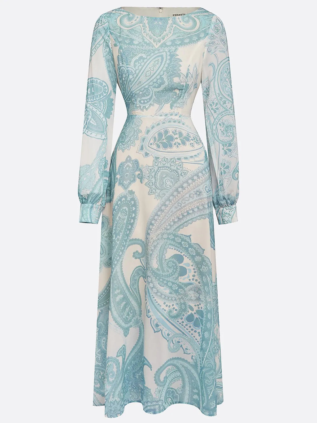 Light Blue Paisley Chiffon Crew Neck Long Sleeve Balloon Sleeve A-Line Maxi Dress With Pockets