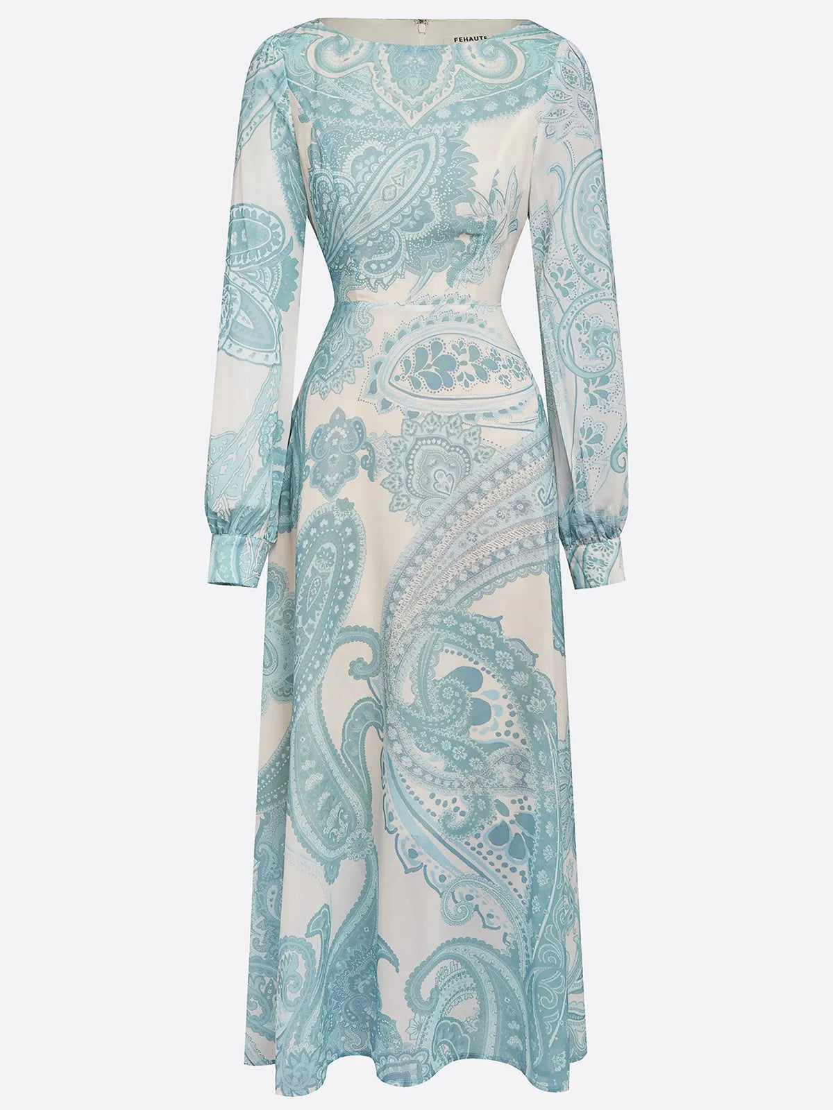 Light Blue Paisley Chiffon Crew Neck Long Sleeve Balloon Sleeve A-Line Maxi Dress With Pockets
