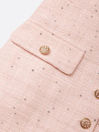 Pink Buckle Tweed V Neck Long Balloon Sleeve Sheath Midi Dress