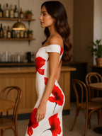 Elegant White Satin Dress with Red Floral Print