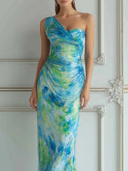 Blue Green Watercolor One-Shoulder Ruched Maxi Dress