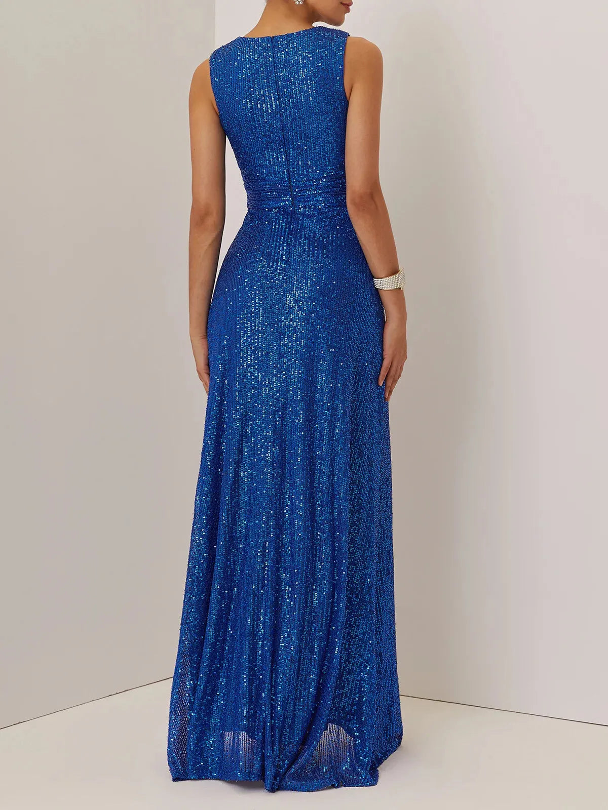 Blue Ruched Sequin V Neck Sleeveless A-Line Maxi Mother of the Bride or Groom Dress
