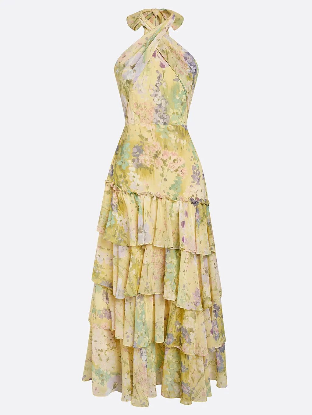 Yellow Ruffled Floral Chiffon Halter Sleeveless A-Line Maxi Dress