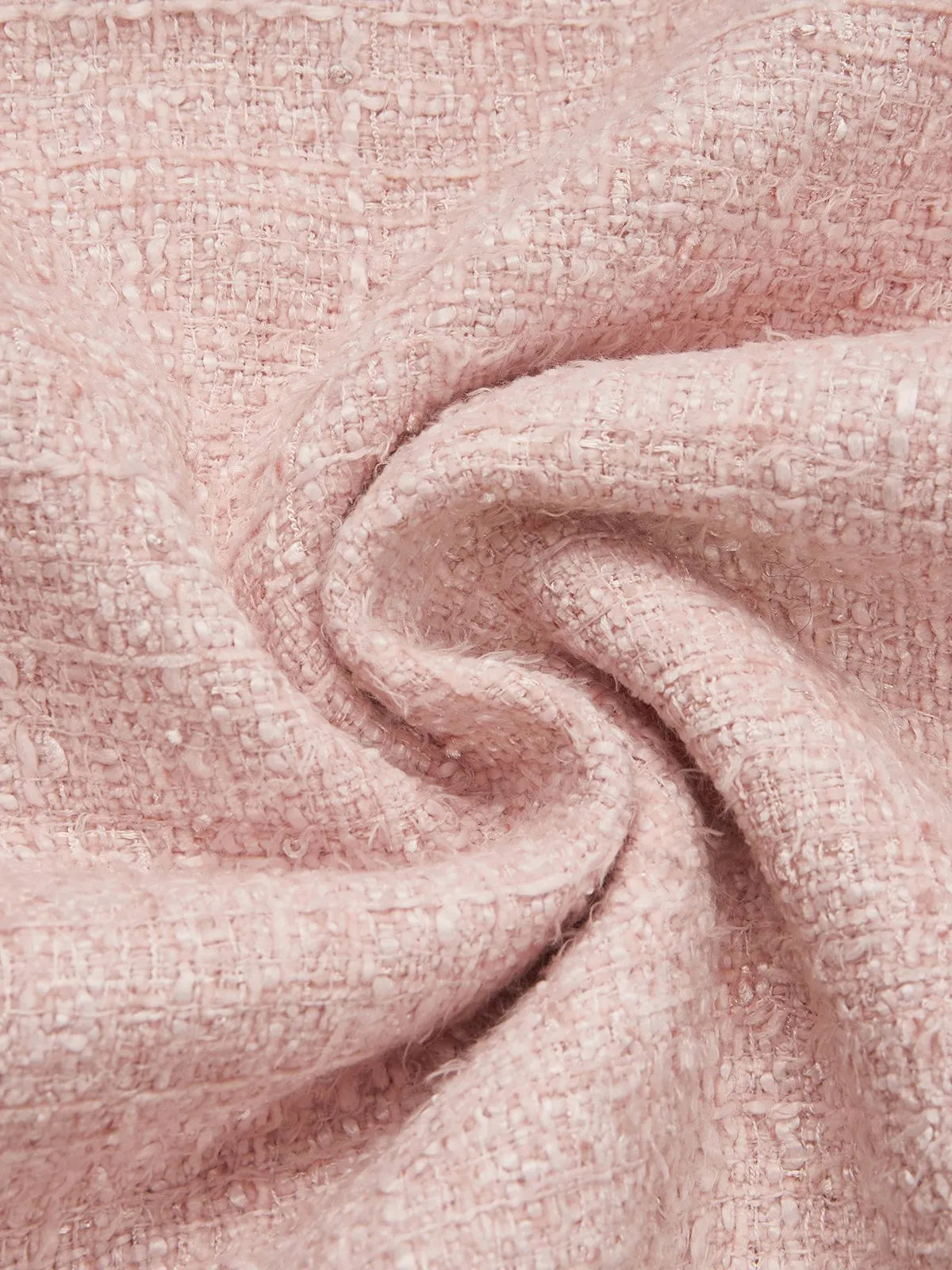 Pink Buckle Tweed Pointed Collar Long Sleeve A-Line Midi Dress