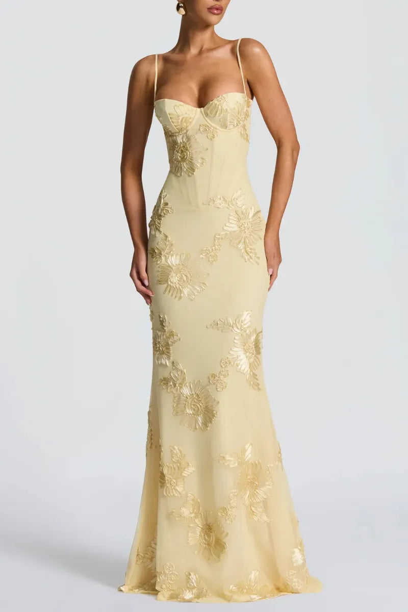 Yellow 3D Floral Mermaid Maxi Dress