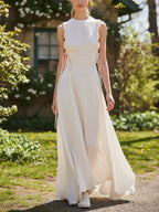 Maxi Linen Dress, Sleeveless, Round Neck, Plain, Ruffles, French Vintage, White