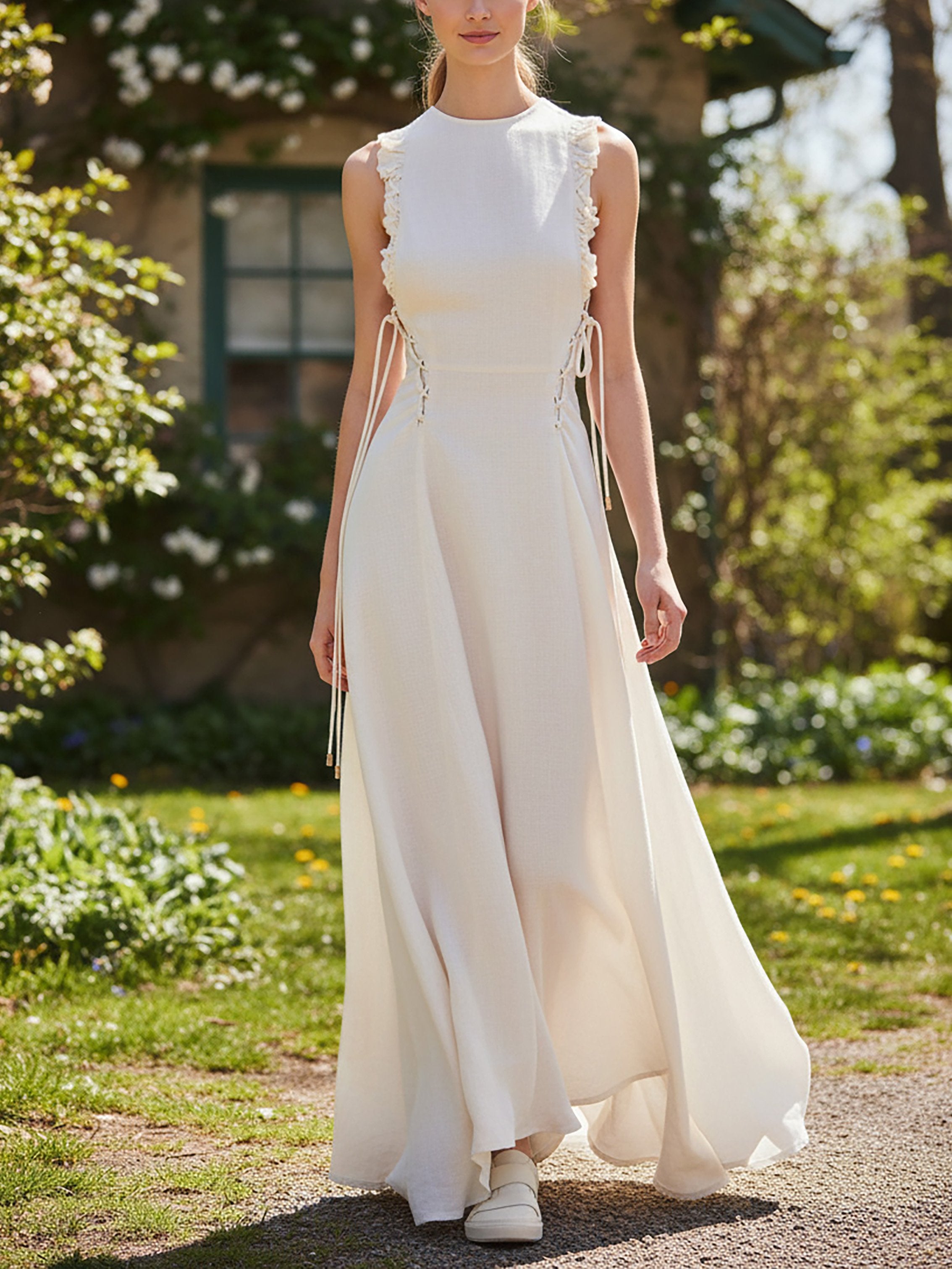 Maxi Linen Dress, Sleeveless, Round Neck, Plain, Ruffles, French Vintage, White