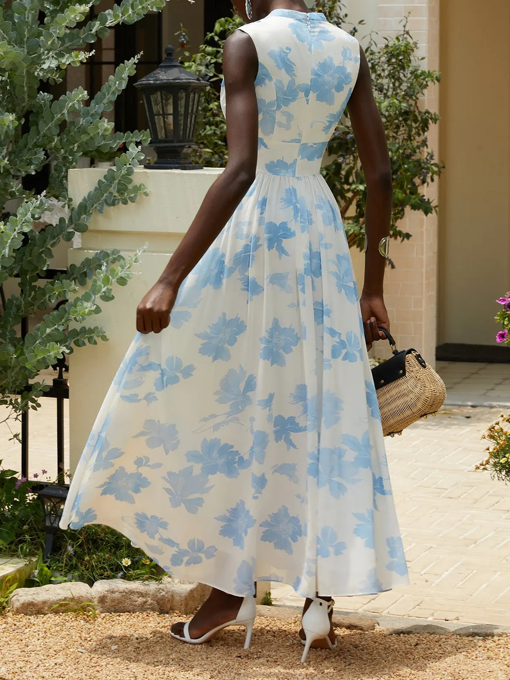 Light Blue Floral Chiffon V Neck Sleeveless A-Line Maxi Dress