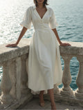 Linen Maxi Dress, Half Sleeve, Shawl Collar, Plain, Vintage, White